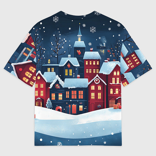 Мужская футболка оверсайз Снежная новогодняя ночь над городом / 3D-принт – фото 2