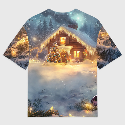 Мужская футболка оверсайз Большая змея на фоне новогоднего дома / 3D-принт – фото 2