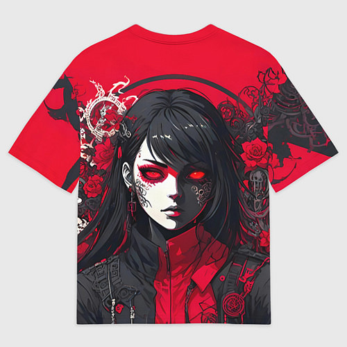 Мужская футболка оверсайз Девушка в стиле аниме в куртке на красном фоне / 3D-принт – фото 2