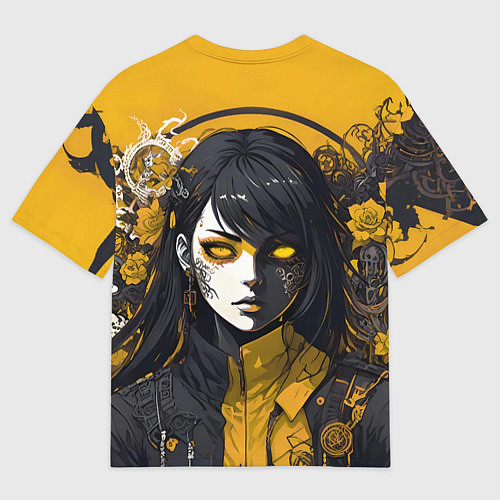 Мужская футболка оверсайз Девушка в стиле аниме в куртке на жёлтом фоне / 3D-принт – фото 2