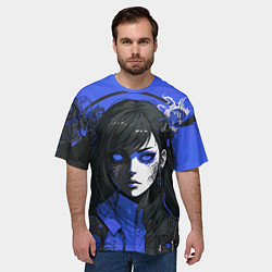 Футболка оверсайз мужская Девушка в стиле аниме в куртке на голубом фоне, цвет: 3D-принт — фото 2