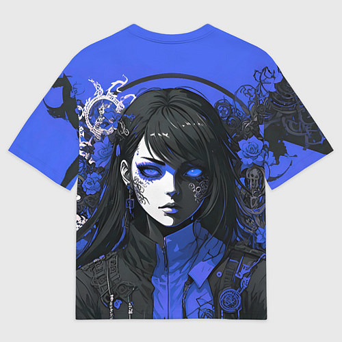 Мужская футболка оверсайз Девушка в стиле аниме в куртке на голубом фоне / 3D-принт – фото 2