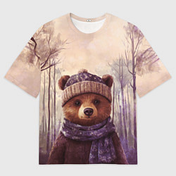 Мужская футболка оверсайз Мишка в пасмурном лесу