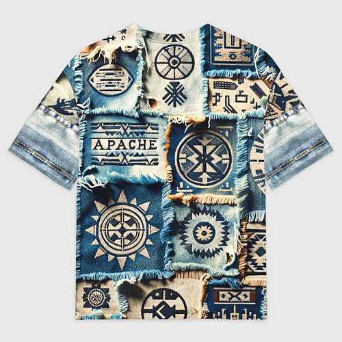 Мужская футболка оверсайз Символы Апачи на пэчворк дениме / 3D-принт – фото 2