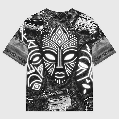 Мужская футболка оверсайз Африканские маски на пэчворк дениме / 3D-принт – фото 2