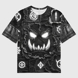 Мужская футболка оверсайз Голова Орка на джинсах пэчворк