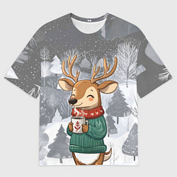 Футболка оверсайз мужская Олень с кофе в лесу, цвет: 3D-принт