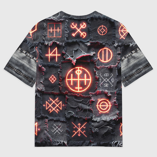 Мужская футболка оверсайз Символы викингов на пэчворк дениме / 3D-принт – фото 2