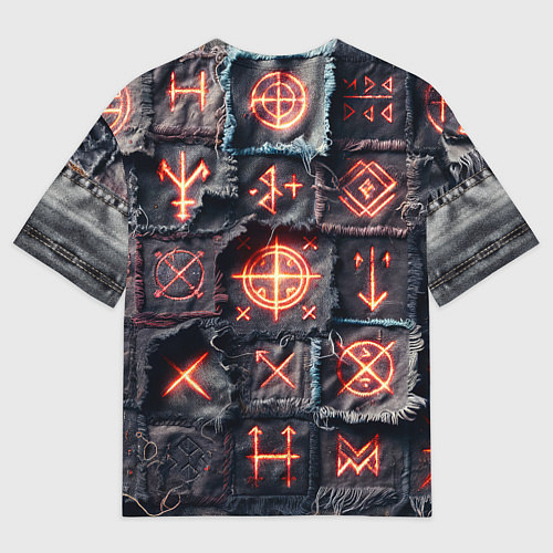 Мужская футболка оверсайз Символы викингов на пэчворк джинсах / 3D-принт – фото 2
