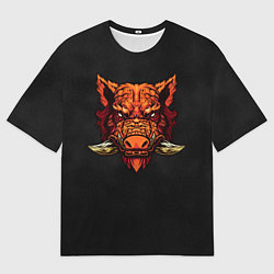 Мужская футболка оверсайз Красный дикий кабан на темном фоне