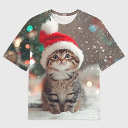 Футболка оверсайз мужская Новогодний котенок и снег, цвет: 3D-принт