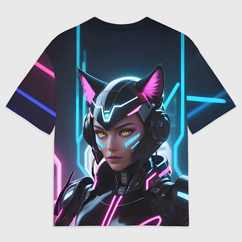 Мужская футболка оверсайз Неон кибер девушка / 3D-принт – фото 2