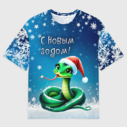 Мужская футболка оверсайз Символ 2025 года: зеленая змея в красной шапочке