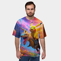 Футболка оверсайз мужская Пикачу летит на драконе среди грибов, цвет: 3D-принт — фото 2