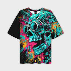 Мужская футболка оверсайз Cyber skull sketch - color blots