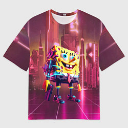 Мужская футболка оверсайз Губка Боб с пистолетом в неоновом городе