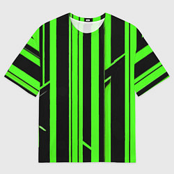 Футболка оверсайз мужская Толстые зелёные полосы на чёрном фоне, цвет: 3D-принт
