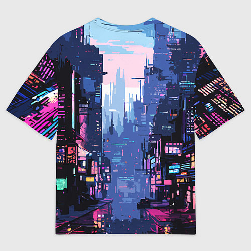 Мужская футболка оверсайз Киберпанк город розовый / 3D-принт – фото 2