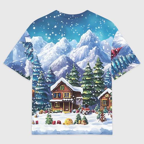Мужская футболка оверсайз Дома в зимнем новогоднем пейзаже / 3D-принт – фото 2