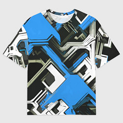 Футболка оверсайз мужская Сине-белый техно паттерн на чёрном фоне, цвет: 3D-принт