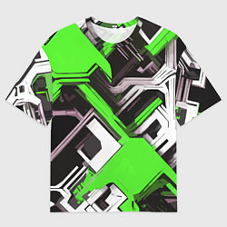 Футболка оверсайз мужская Бело-зелёный техно паттерн на чёрном фоне, цвет: 3D-принт