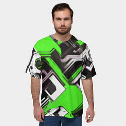 Футболка оверсайз мужская Бело-зелёный техно паттерн на чёрном фоне, цвет: 3D-принт — фото 2