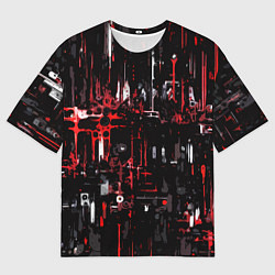 Футболка оверсайз мужская Бело-красная тревожная абстракция на чёрном фоне, цвет: 3D-принт