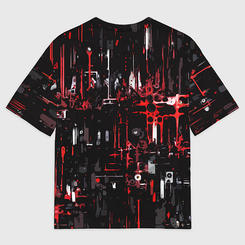 Мужская футболка оверсайз Бело-красная тревожная абстракция на чёрном фоне / 3D-принт – фото 2