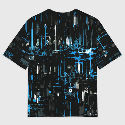 Мужская футболка оверсайз Бело-синяя тревожная абстракция на чёрном фоне / 3D-принт – фото 2