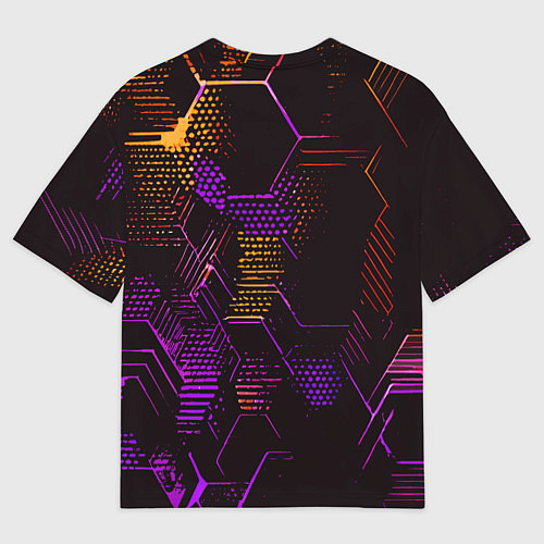 Мужская футболка оверсайз Жёлто-фиолетовые точки и линии на чёрном фоне / 3D-принт – фото 2