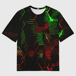 Футболка оверсайз мужская Красно-зелёные точки и линии на чёрном фоне, цвет: 3D-принт