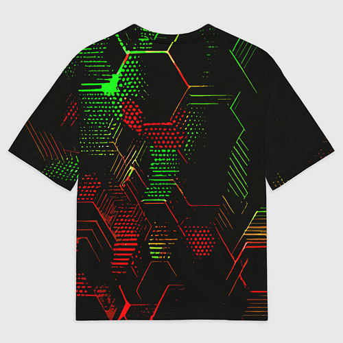 Мужская футболка оверсайз Красно-зелёные точки и линии на чёрном фоне / 3D-принт – фото 2