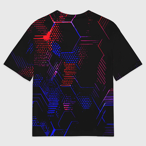 Мужская футболка оверсайз Красно-синие точки и линии на чёрном фоне / 3D-принт – фото 2