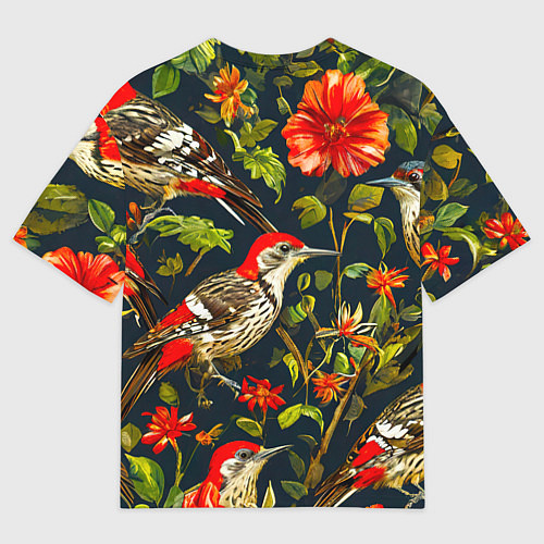 Мужская футболка оверсайз Дятлы и цветочки / 3D-принт – фото 2