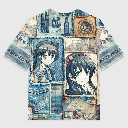 Мужская футболка оверсайз Пэчворк деним и аниме / 3D-принт – фото 2