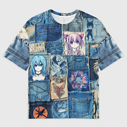 Мужская футболка оверсайз Пэчворк с аниме персонажами