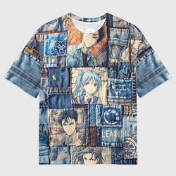 Мужская футболка оверсайз Аниме деним-пэчворк