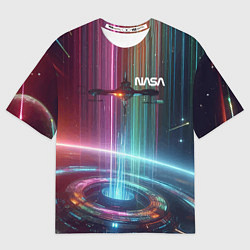 Мужская футболка оверсайз Spaceship in the neon cosmos - nasa