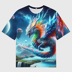 Мужская футболка оверсайз Полигональный дракон на планете водопадов и грибов