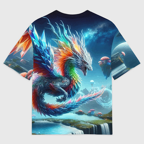 Мужская футболка оверсайз Полигональный дракон на планете водопадов и грибов / 3D-принт – фото 2