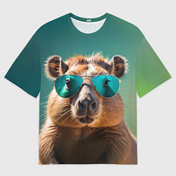 Мужская футболка оверсайз Капибара на зеленом фоне