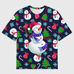 Мужская футболка оверсайз Праздничный снеговик паттерн