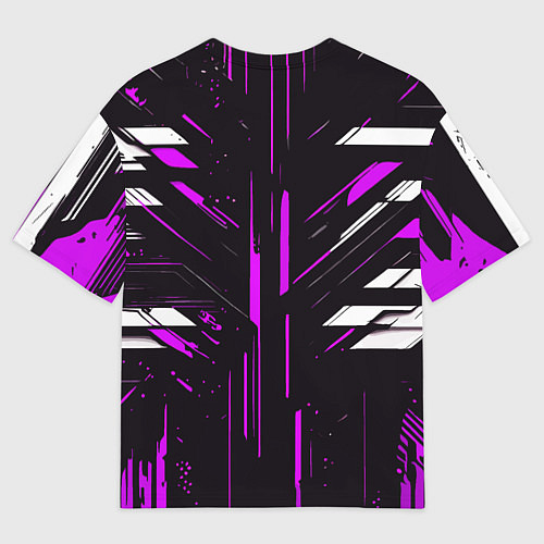 Мужская футболка оверсайз Фиолетово-белые полосы и точки на чёрном фоне / 3D-принт – фото 2