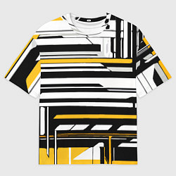 Футболка оверсайз мужская Жёлто-белые технологические линии на чёрном фоне, цвет: 3D-принт