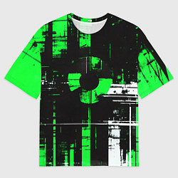 Футболка оверсайз мужская Зелёно-белый гранж на чёрном фоне, цвет: 3D-принт