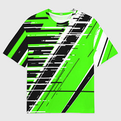 Футболка оверсайз мужская Чёрно-белые глитч полосы на зелёном фоне, цвет: 3D-принт