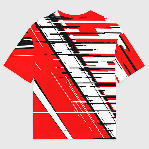 Мужская футболка оверсайз Чёрно-белые глитч полосы на красном фоне / 3D-принт – фото 2