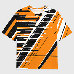 Футболка оверсайз мужская Чёрно-белые глитч полосы на оранжевом фоне, цвет: 3D-принт