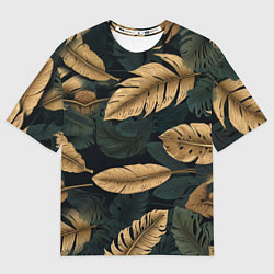 Футболка оверсайз мужская Золотые листья монстеры и перья, цвет: 3D-принт