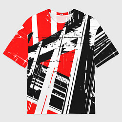Футболка оверсайз мужская Чёрно-белые абстрактные линии на красном фоне, цвет: 3D-принт